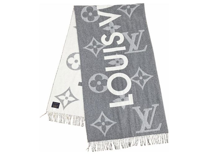 Sciarpa in cashmere e lana con frange Monogram Louis Vuitton Marrone Bianco sporco