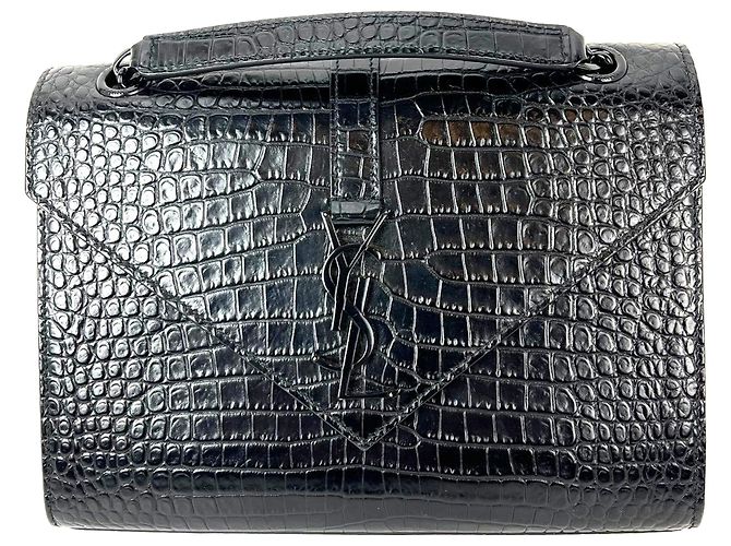 Saint Laurent Embossed Black Leather Envelope Medium Chain Shoulder Bag