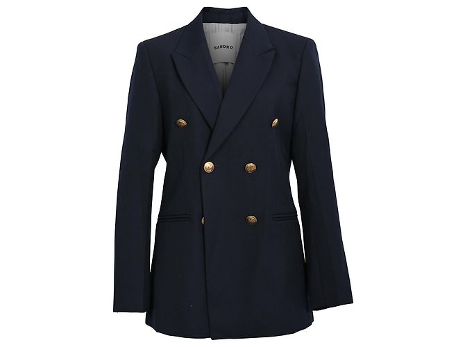 Sandro Double-Breasted Blazer in Navy Blue Polyester
