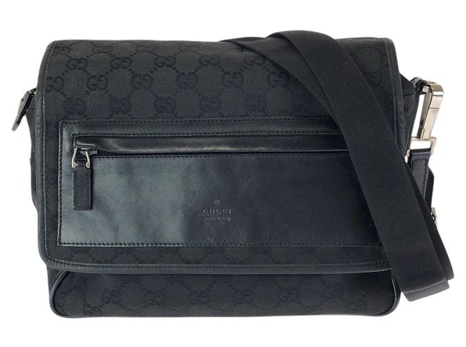 Bolso mensajero de lona GG de cuero Gucci Negro
