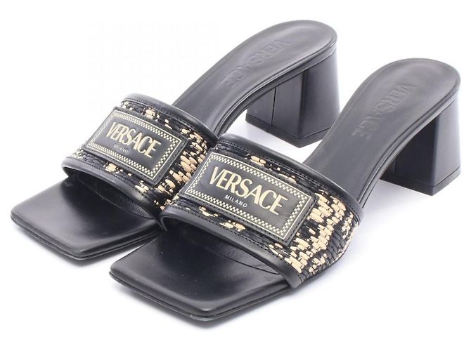 Mules en cuir Versace Noir Beige