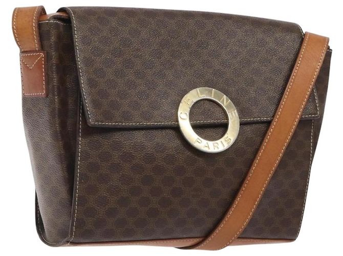 Céline Celine Vintage Macadam Circle Logo Canvas and Leather Castaño