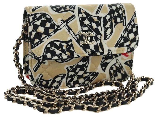 CHANEL Bolsa de Cadena Matelassé Bandera de Cuadros Algodón Beige CC Auth YKZ1020SAM Dorado
