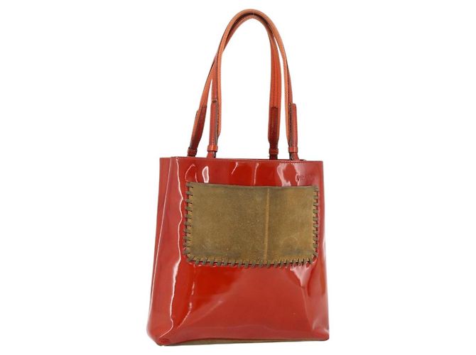 PRADA Tote Bag Patent leather Red Silver Auth ti3877 Silvery
