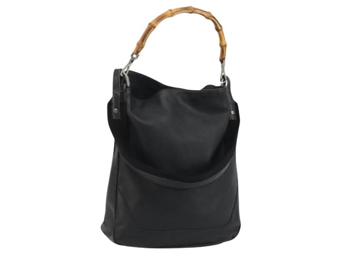 Gucci Bamboo Schultertasche Leder 2way Schwarz Silber Auth ka3910
