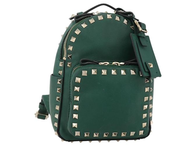 VALENTINO Rock Studs Backpack Leather Green Gold Auth BA12134A Golden