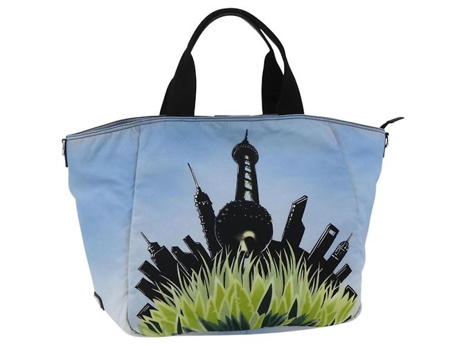 Bolsa Tote PRADA em nylon azul prata Auth YKZ1197