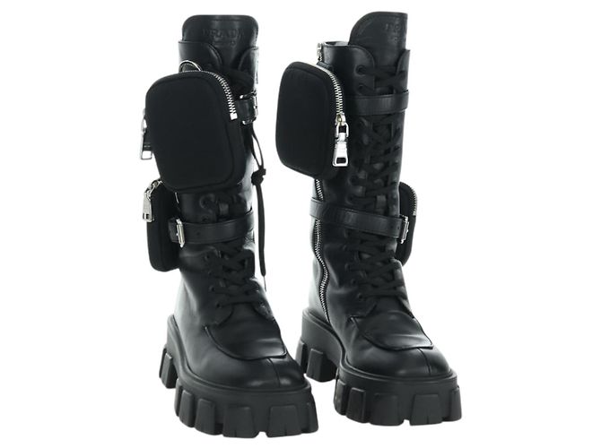 Bota Longa Monolith de Couro PRADA 35 1/2 Preta Auth am11253SM Preto