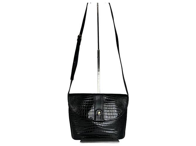 Bolsa de Ombro de Couro Embossed Vintage Courreges Preta Preto