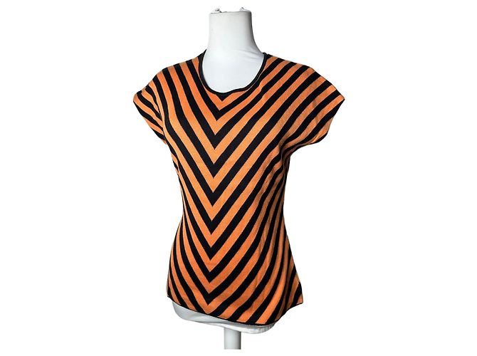 Top senza maniche a righe a zigzag vintage Givenchy arancione e nero M