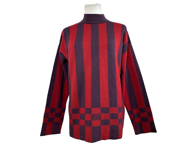 Pull en maille à col montant 4G logo vintage Givenchy rayé rouge et violet M