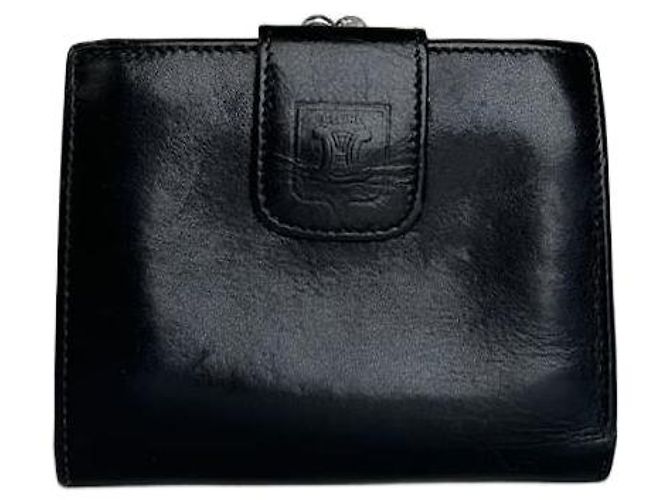 Céline Vintage Celine Triomphe Embossed Leather Bifold Wallet Black