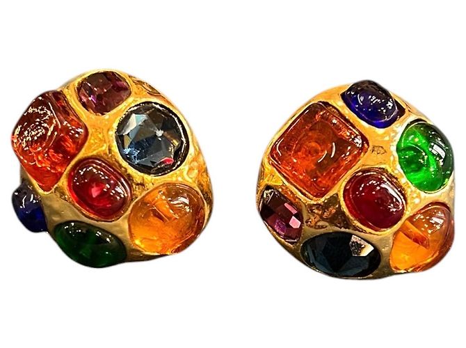 Chanel Ohrringe vergoldet mit Multicolor Cabochon Gripoix Clip On