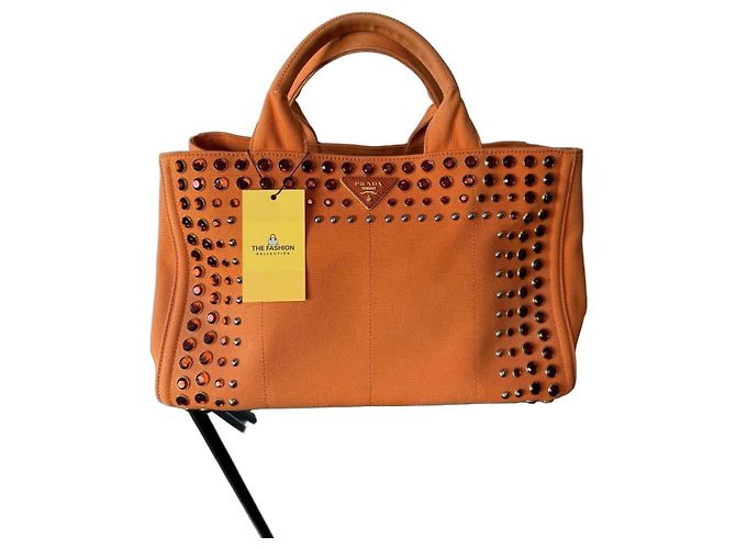 Bolsa Tote Prada Canapa Laranja de Lona com Cristais