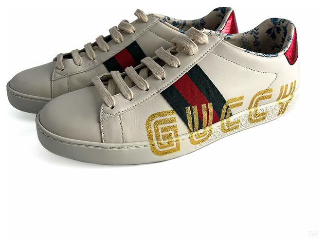 Gucci Baskets Rayées en Cuir avec Logo Ace Maxi 37.5 Blanc