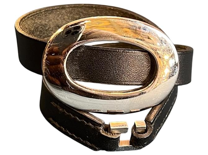 Hermès Double Leather Bracelet in Black with Silver Rings 