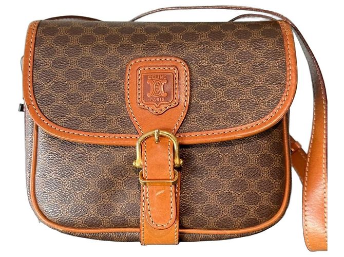 Trotteur Bolsa transversal Céline Macadam Marrom Lona Revestida e Couro Castanha Castanho escuro