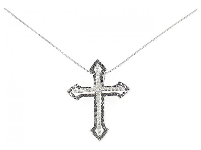 Autre Marque Collana a Croce con Diamanti in Oro Bianco e Oro Nero Au750 Argento