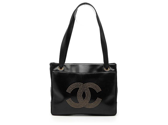 Bolsa tote logo CC com studs em couro de cordeiro preto Chanel