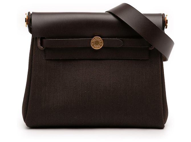 Herbag Zip 20 em Lona Militar Marrom e Vaca Hunter da Hermès Castanho escuro
