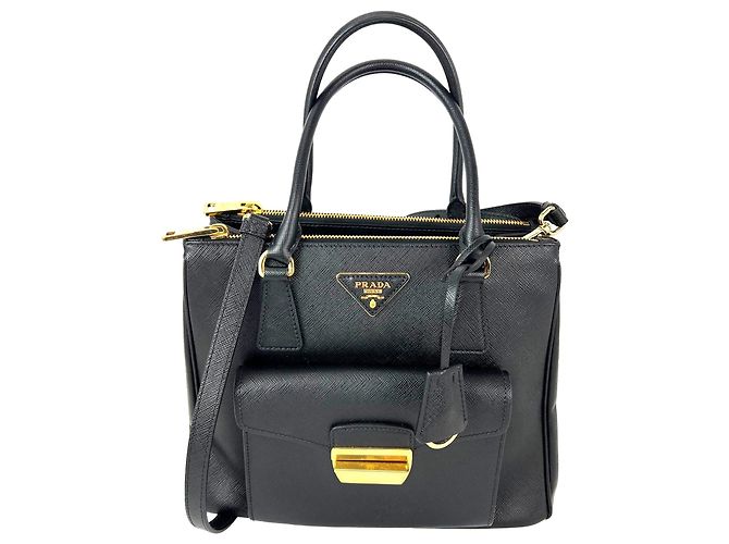 Prada Safriano Front Pocket Double Zip black Tote Bag
