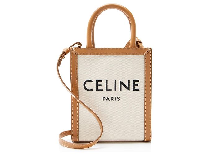 Cabas Céline Celine Canvas Leder Vertikaler Mini Tote Braun Beige