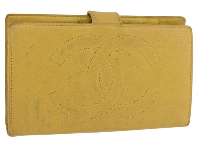 CHANEL COCO Cartera Larga Mark Piel Caviar Oro Amarillo CC Auth BA12318 Dorado