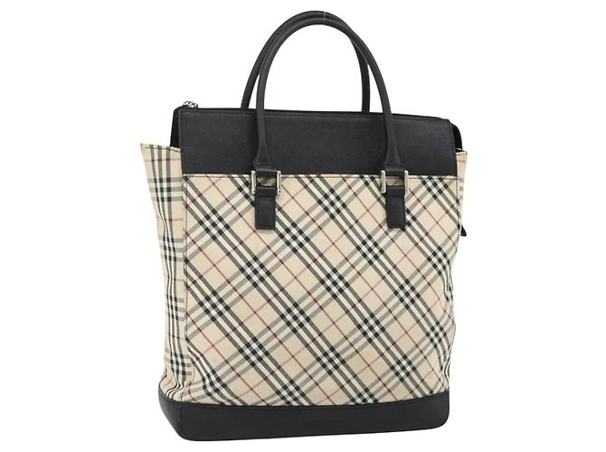 BURBERRY Nova Check Hand Bag Canvas Beige Silver Auth bs34681 Silvery