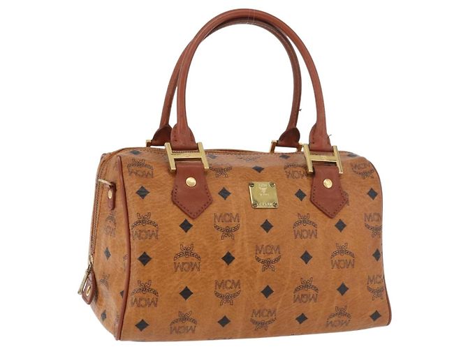 MCM Vicetos Logogram Bolsa de Mão PVC Couro Marrom Dourado Auth 175062