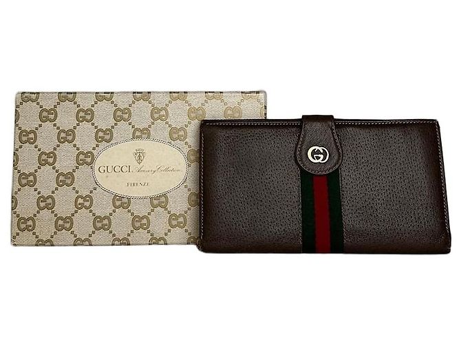 Vintage Gucci Web Stripe Leather Long Wallet Brown