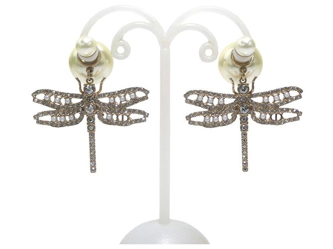 Pendientes colgantes diseño libélula Christian Dior Plata Dorado Blanco roto