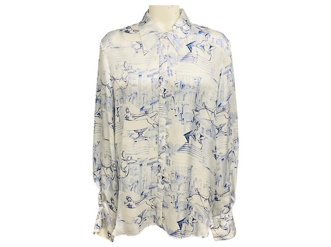 Khaite Cream / Blue Minta Graphic Print Button Front Satin Blouse