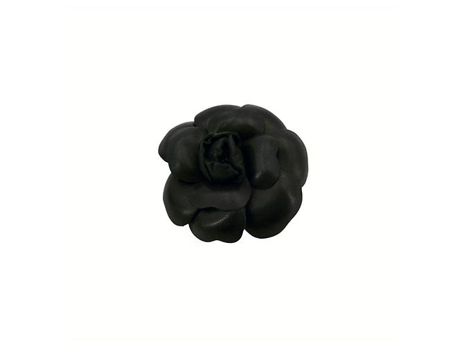 Timeless Chanel Vintage Schwarze Leder Camelia Blütenbrosche
