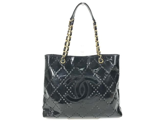 Chanel schwarze Emaille-Leder-Tote-Tasche