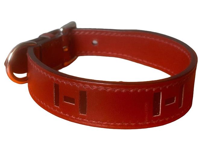Collar para perro Hermès H de cuero rojo paladio Roja 