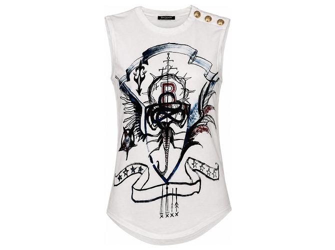 Top Balmain blanco de algodón con estampado gráfico y botones dorados