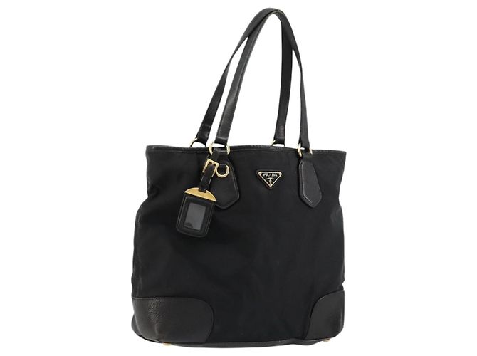 Bolsa Tote PRADA em nylon e couro preto dourado Auth am11435