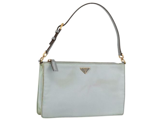 PRADA Accessory Pouch Nylon Light Blue Gold Auth 175876 Golden