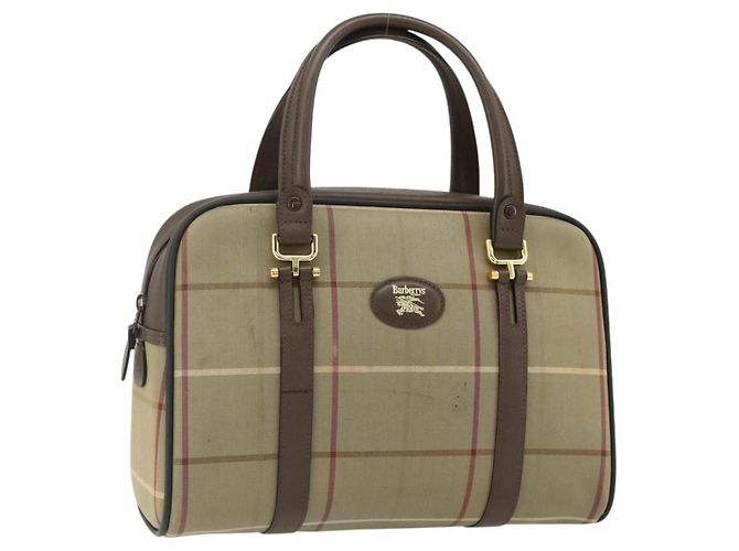 Bolsa de mão Burberrys Nova Check em lona e couro bege dourado Auth ka4067