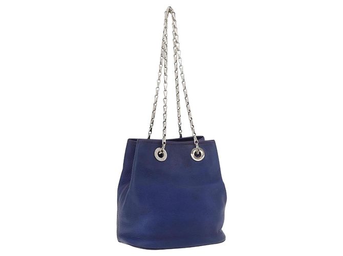 Céline CELINE Chain Shoulder Bag Leather Blue Silver Auth 177125A Silvery