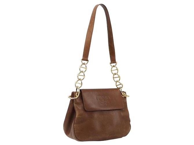 Bolsa de Ombro PRADA em Couro Marrom Dourado Auth ep14232