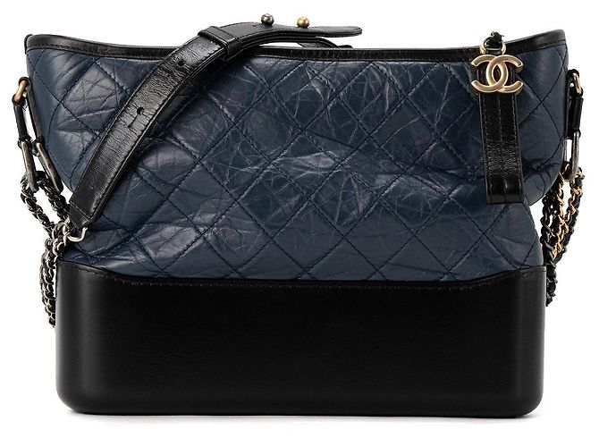 CHANEL - Borsa a Spalla Gabrielle Chanel in Pelle Pieghettata Blu Navy e Nera