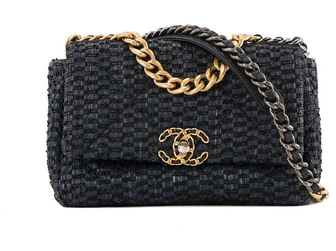 CHANEL - Borsa a Spalla Chanel 19 in Rafia e Tweed Blu Marino e Nero Blu navy