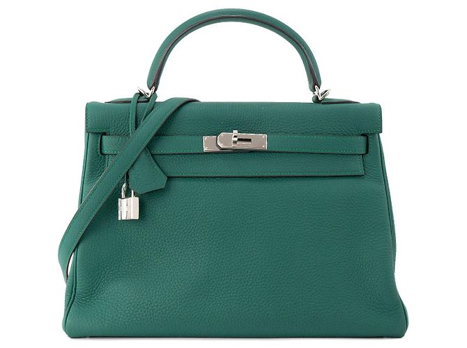 HERMÈS - Bolsa Kelly 32 em Couro Clémence Verde Escuro