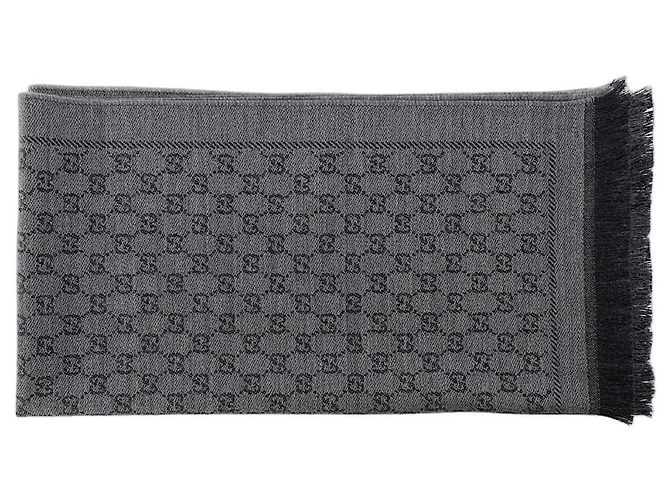 GUCCI - Dark Grey Wool GG Patterned Gucci Scarf