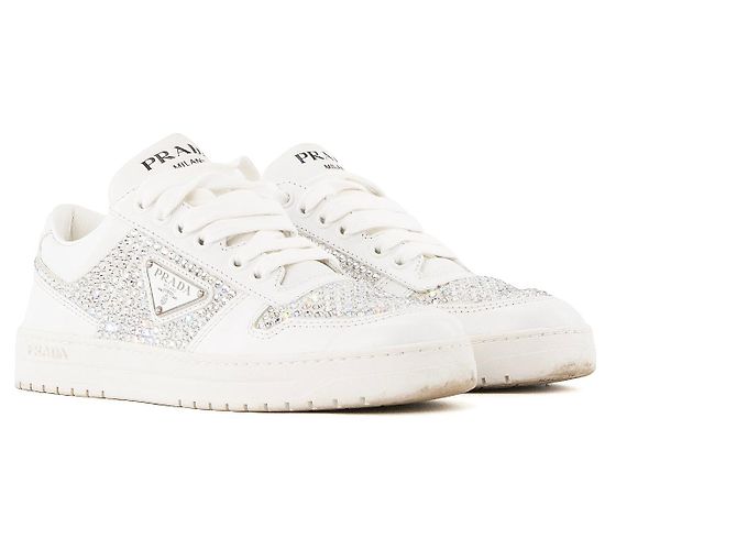 PRADA - Tênis Downtown em couro e strass branco (T35,5) Azul
