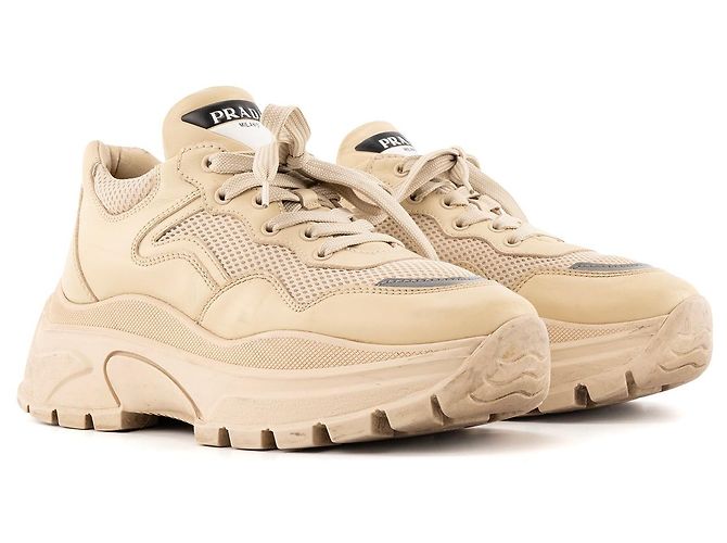 PRADA - Centaurus Sneakers in beige leather and canvas (Size 39.5)