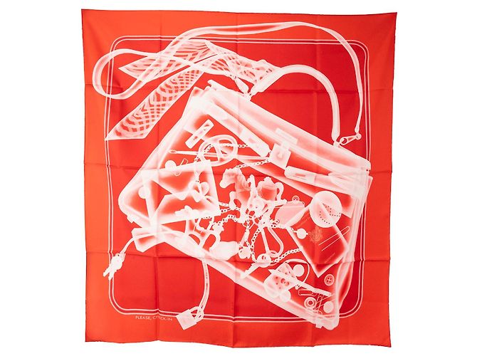 HERMÈS - Carré 90 Please Check In Hermès em seda multicolorida Vermelho