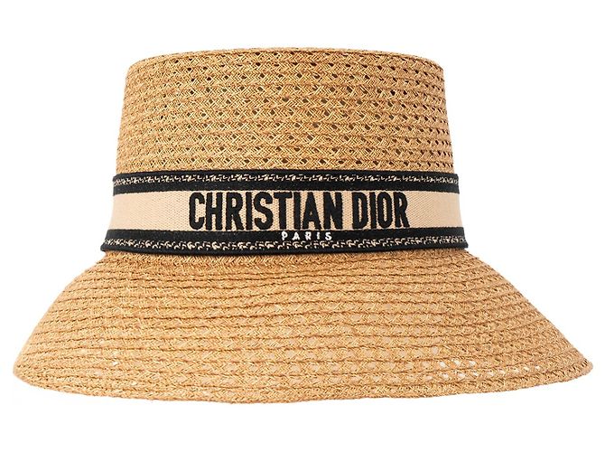 DIOR - Chapéu D-Bobby de aba larga em palha e lona preta e bege (T58) Marrom