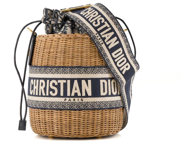 DIOR - Borsa a Spalla Bucket Dior in Vimini e Tela Blu Marino Marrone